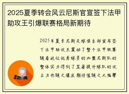 2025夏季转会风云尼斯官宣签下法甲助攻王引爆联赛格局新期待 2025夏季转会风云尼斯官宣签下法甲助攻王引爆联赛格局新期待