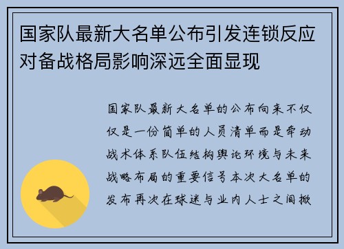 国家队最新大名单公布引发连锁反应对备战格局影响深远全面显现 国家队最新大名单公布引发连锁反应对备战格局影响深远全面显现