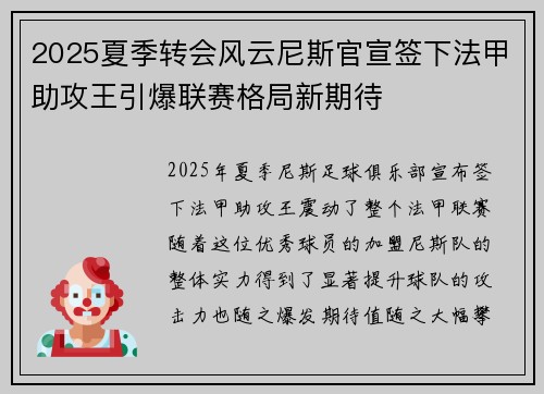 2025夏季转会风云尼斯官宣签下法甲助攻王引爆联赛格局新期待 2025夏季转会风云尼斯官宣签下法甲助攻王引爆联赛格局新期待