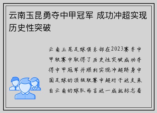 云南玉昆勇夺中甲冠军 成功冲超实现历史性突破