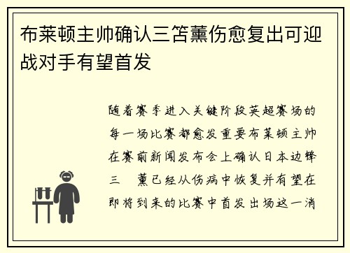 布莱顿主帅确认三笘薰伤愈复出可迎战对手有望首发